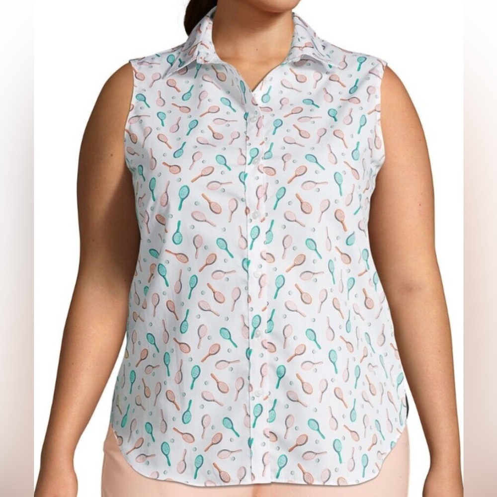 LANDS' END Supima No Iron Cotton TENNIS Pickleball Shirt - Size 26W Green Peach